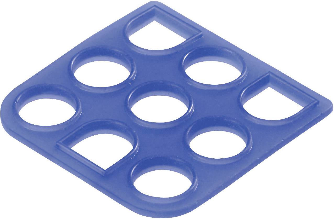 Un quadrato di plastica blu con sette aperture circolari e due aperture a forma di U, simile a un giocattolo o a un utensile per attività creative.