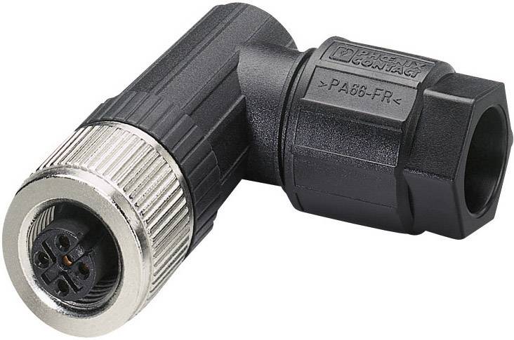 Un connettore M12 ad angolo retto con filettatura metallica e involucro in plastica nera, idoneo per applicazioni industriali.