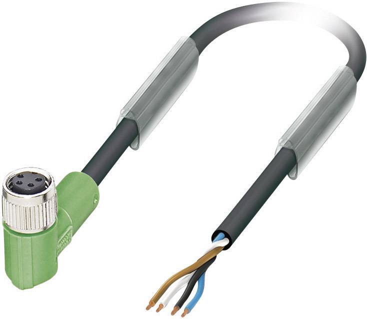 Cavo M12 verde con quattro fili spellati: blu, marrone, nero, bianco. Adatto per connessioni industriali.