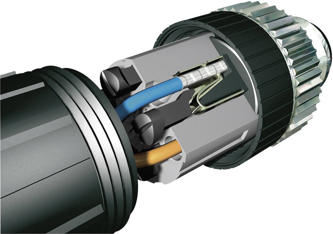 Sezione trasversale di un connettore tecnico con cavi codificati a colori e contatti metallici che mostrano componenti e connessioni.