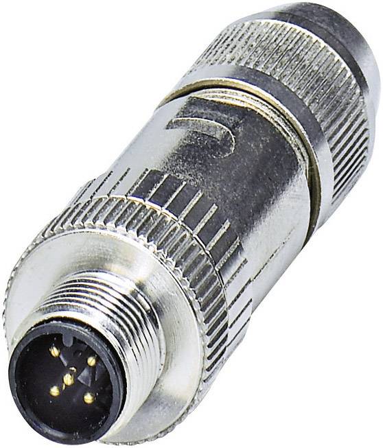 Un connettore M12 a 5 poli con custodia metallica, comunemente utilizzato nelle applicazioni industriali per connessioni di sensori.