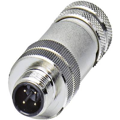 Spinotto metallico a quattro pin con impugnatura zigrinata. Comunemente utilizzato per connessioni elettroniche in applicazioni industriali.