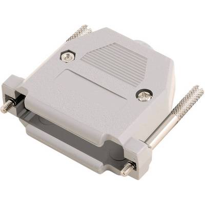 Un involucro grigio per connettore D-Sub con due viti di fissaggio. Protegge e organizza i collegamenti dei cavi.