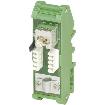 Componente elettronica verde per connessioni elettriche, con morsetti per più cavi e uno slot superiore, con supporti laterali.