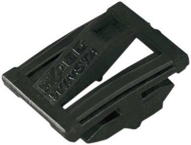 Un cuneo nero in plastica con la scritta 'HINSTA', utilizzato per livellare le piastrelle durante la posa in opera.