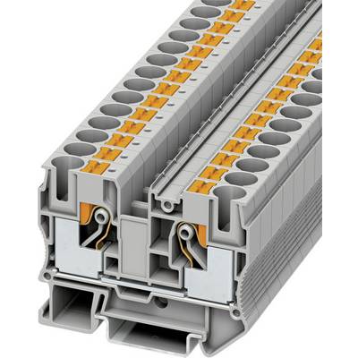 Blocco morsetti grigio-arancione con più file di morsetti, utilizzato per il cablaggio elettrico nei quadri elettrici.