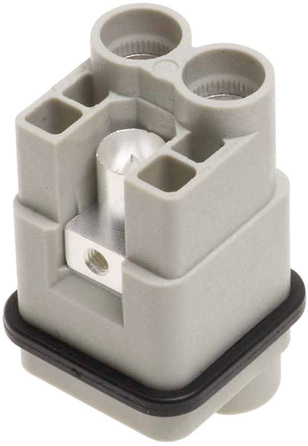 Connettore elettrico grigio con multiple aperture circolari e rettangolari, con guarnizione nera sul bordo inferiore.