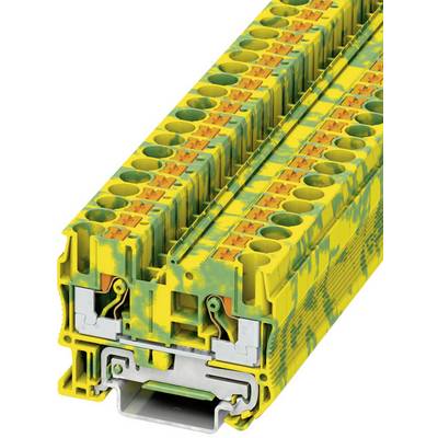 Modulo elettrico a morsetti in serie con motivo giallo-verde e più punti di connessione per collegamenti di fili; mostra un design industriale.