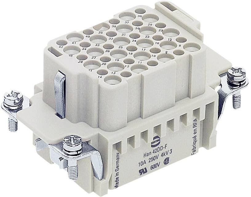 Connettore industriale, rettangolare, in plastica con più punti di connessione rotondi e fissaggi a vite sui lati.