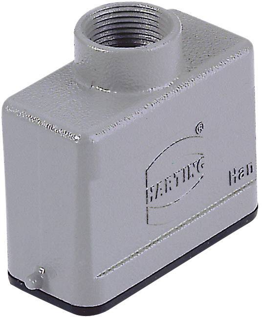 Custodia per connettore metallico HARTING con filettatura superiore, forma rettangolare e logo aziendale sul lato.