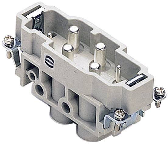 Un connettore industriale grigio, rettangolare, con più piedini metallici e raccordi a vite laterali, idoneo per applicazioni elettriche.