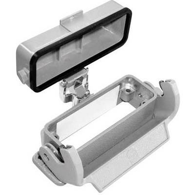 Custodia metallica di forma rettangolare con coperchio ribaltabile aperto sulla parte superiore. Utilizzata per connessioni elettriche e protezione.