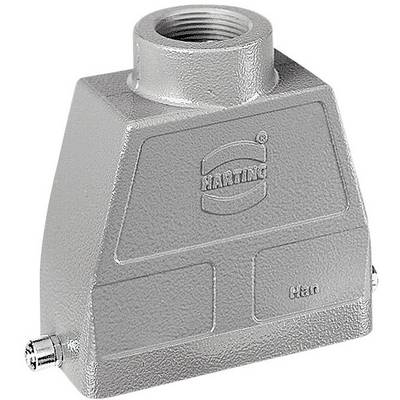 Involucro metallico grigio con apertura a vite in alto e marcatura 'Han' in basso, utilizzato per connessioni elettriche.