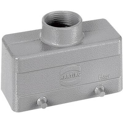 Contenitore per connettore grigio, rettangolare, in metallo con un'apertura per vite sulla parte superiore e due perni di fissaggio nella parte inferiore.