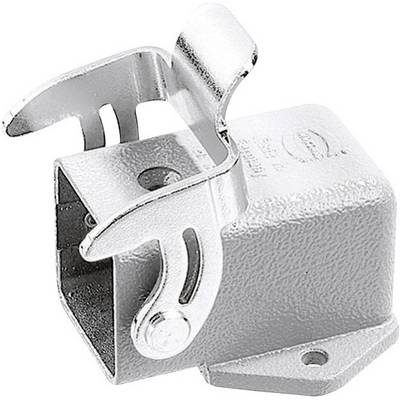 Un angolare in metallo color argento con due staffe curve che possono aprire o chiudere un canale quadrato.