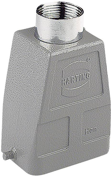 Contenitore per connettore industriale, grigio, trapezoidale, con filettatura superiore e logo Harting sul lato frontale.