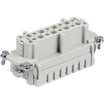 Un connettore elettrico grigio con più punti di contatto ed elementi di fissaggio laterali.