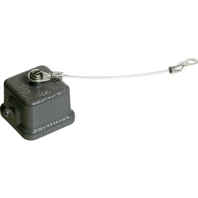 Un componente elettrico nero quadrato con un cavo di collegamento che termina con un anello metallico.
