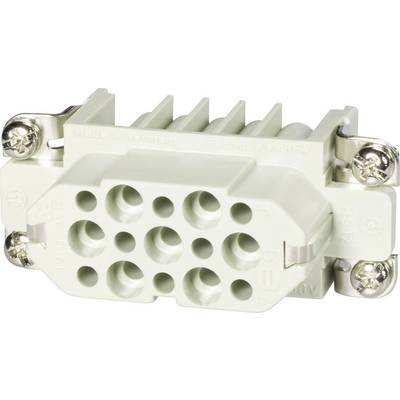 Un connettore industriale rettangolare bianco con più alloggiamenti circolari e viti metalliche agli angoli.