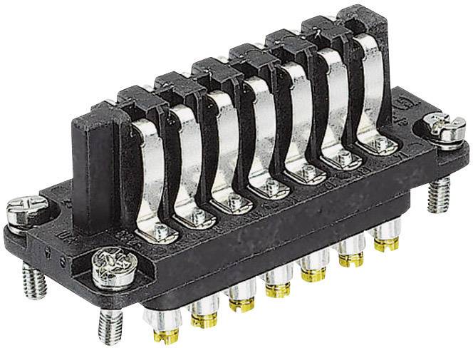 Un connettore elettrico modulare nero con più slot e pin di contatto dorati, fissato con viti.