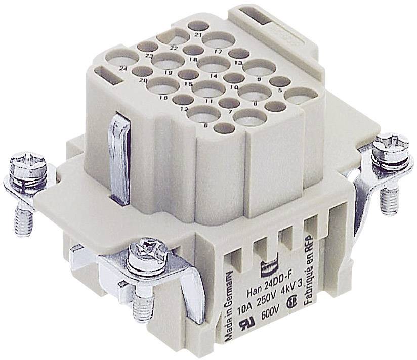 Connettore industriale con multipli punti di contatto, etichette e viti di fissaggio, idoneo per alte tensioni fino a 600V.