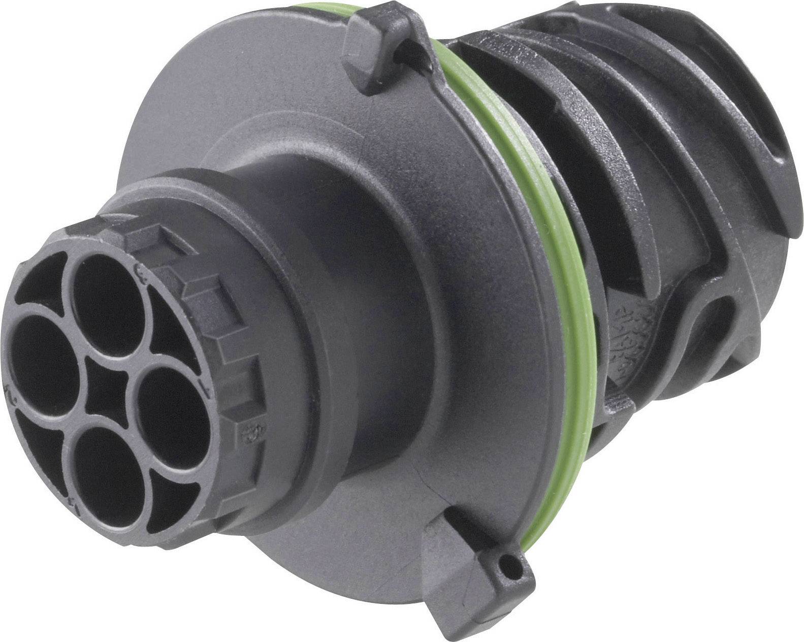 Un connettore nero rotondo con cinque aperture e un anello di tenuta verde, probabilmente per connessioni elettriche.