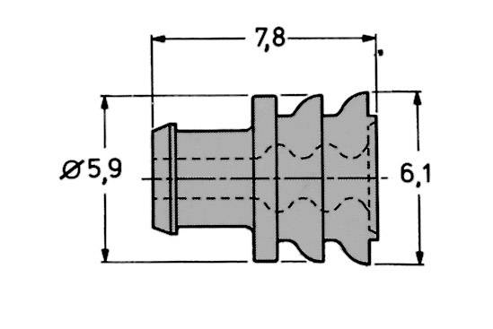Disegno tecnico di un componente con misure: lunghezza totale 7,8 cm, diametro 5,9 cm, larghezza 6,1 cm.