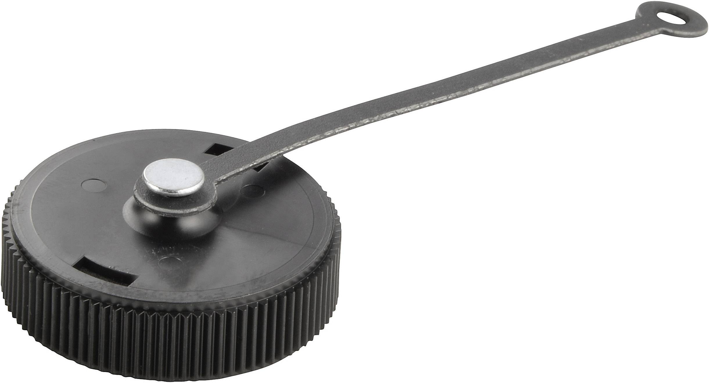Un coperchio nero in plastica con una linguetta lunga e piatta fissata a un'estremità. Idoneo per coprire un contenitore.