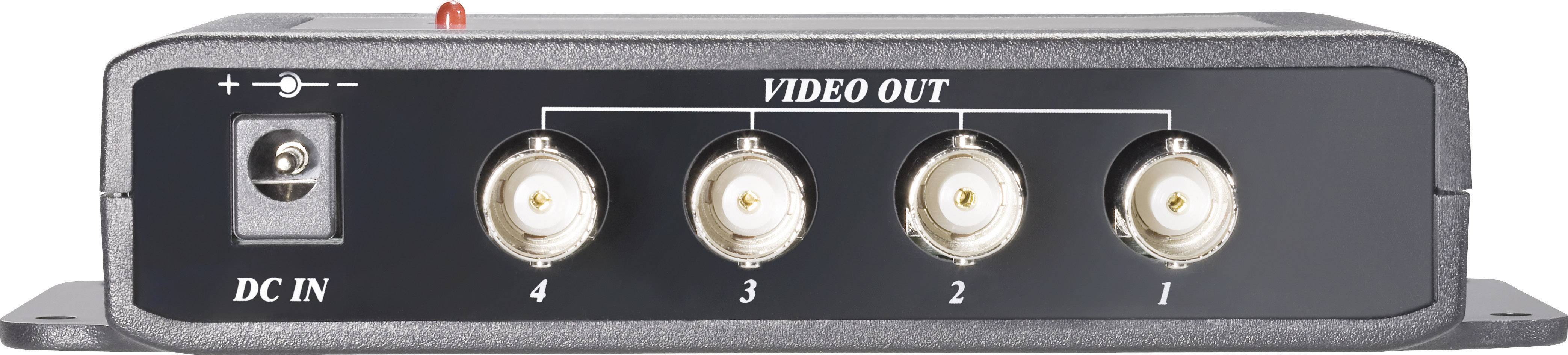 Dispositivo nero con quattro porte 'Video Out' e un connettore 'DC In'. Le porte sono numerate da 1 a 4.