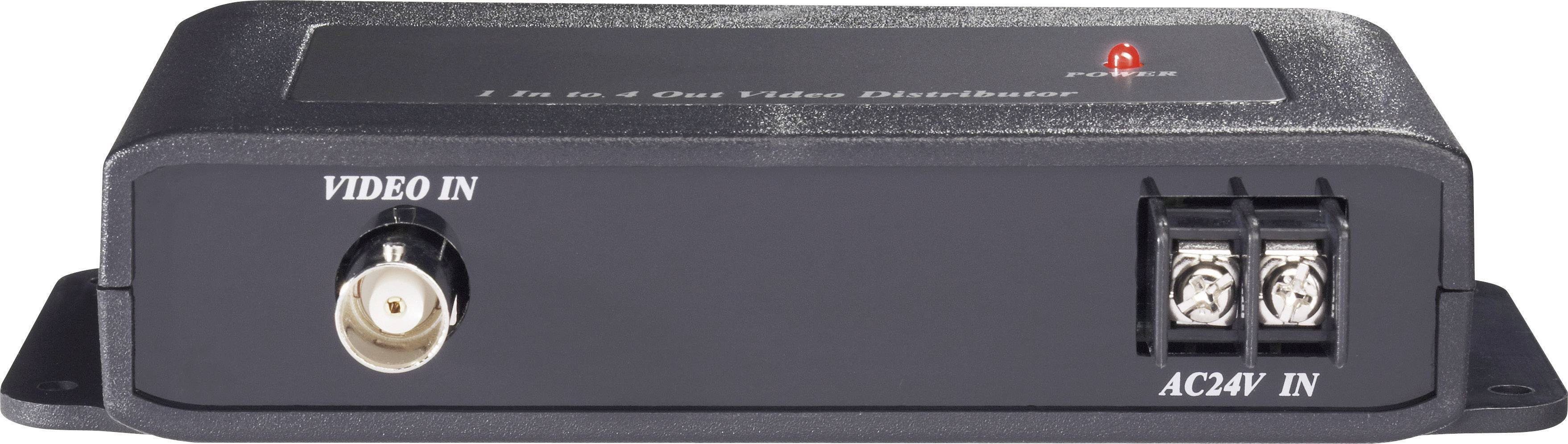 Un amplificatore video 1-in-4-out con ingresso video BNC e ingresso AC24V, con un LED rosso di indicazione operativa in alto.