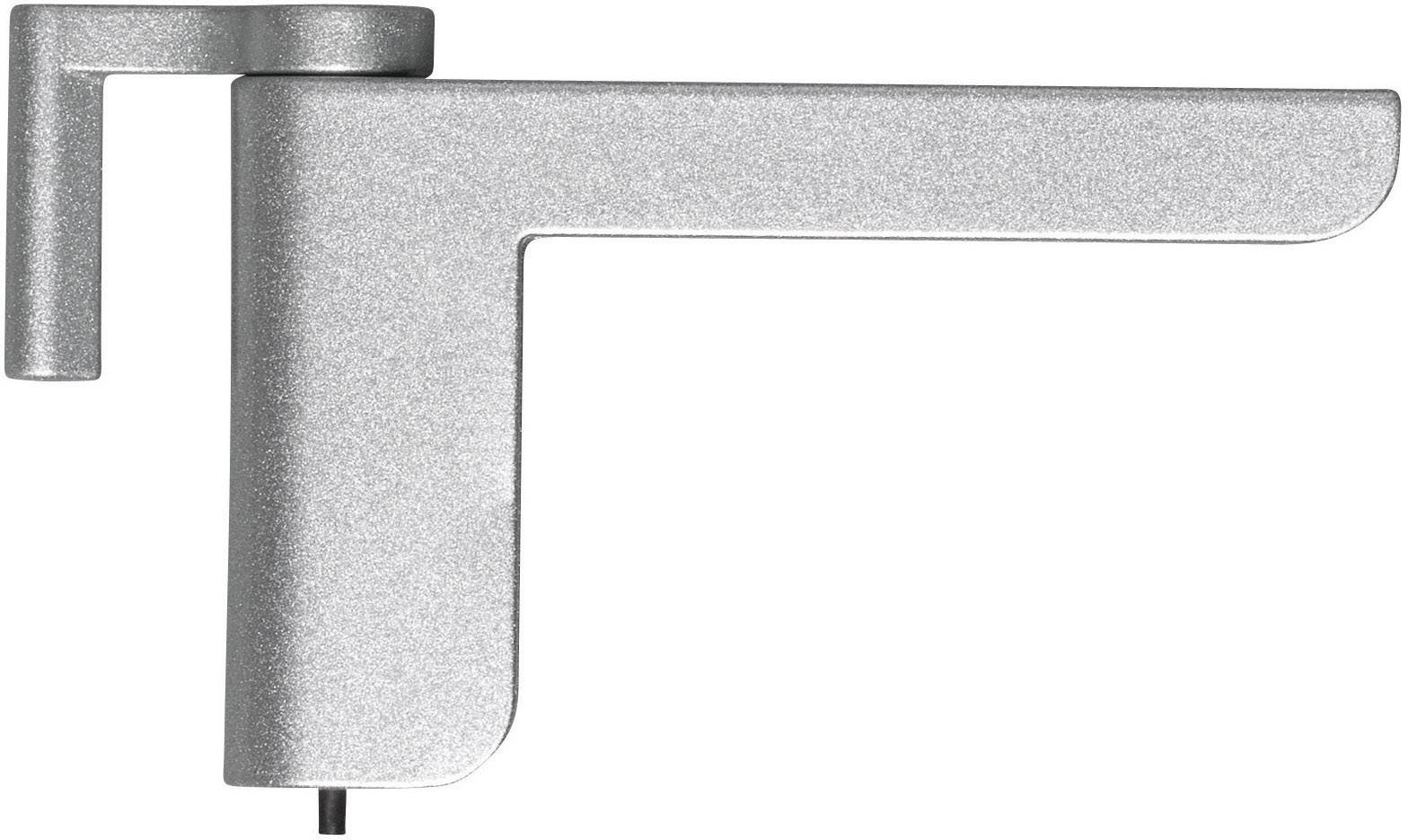 Un pomello per finestra in argento con design minimalista, raffigurato di lato. Il pomello è rivolto verso destra, con il punto di fissaggio sulla sinistra.