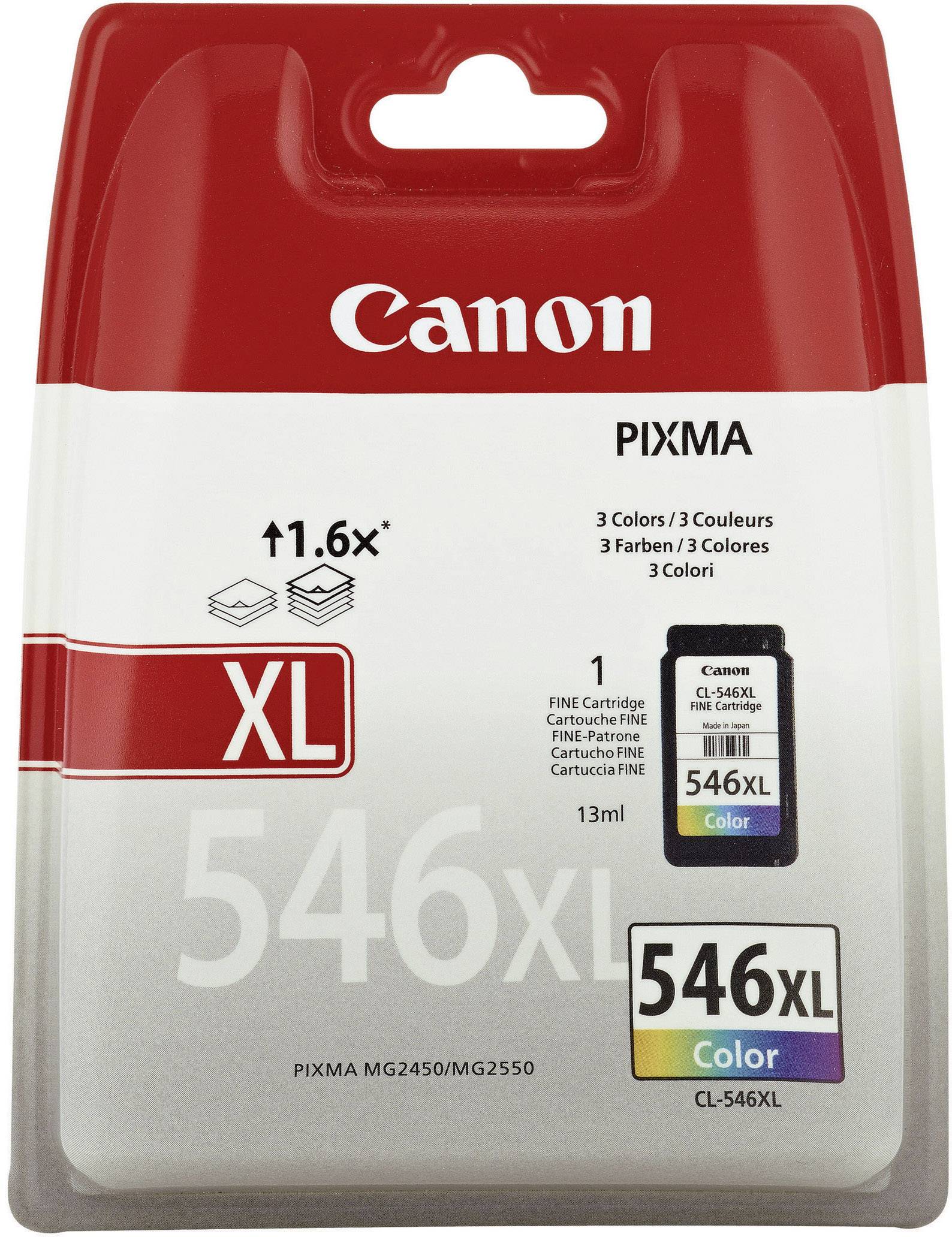 Cartuccia d'inchiostro Canon PIXMA 546XL a colori, adatta per i modelli MG2450/MG2550. Garantisce una resa di stampa 1,6 volte superiore, contiene 3 colori.