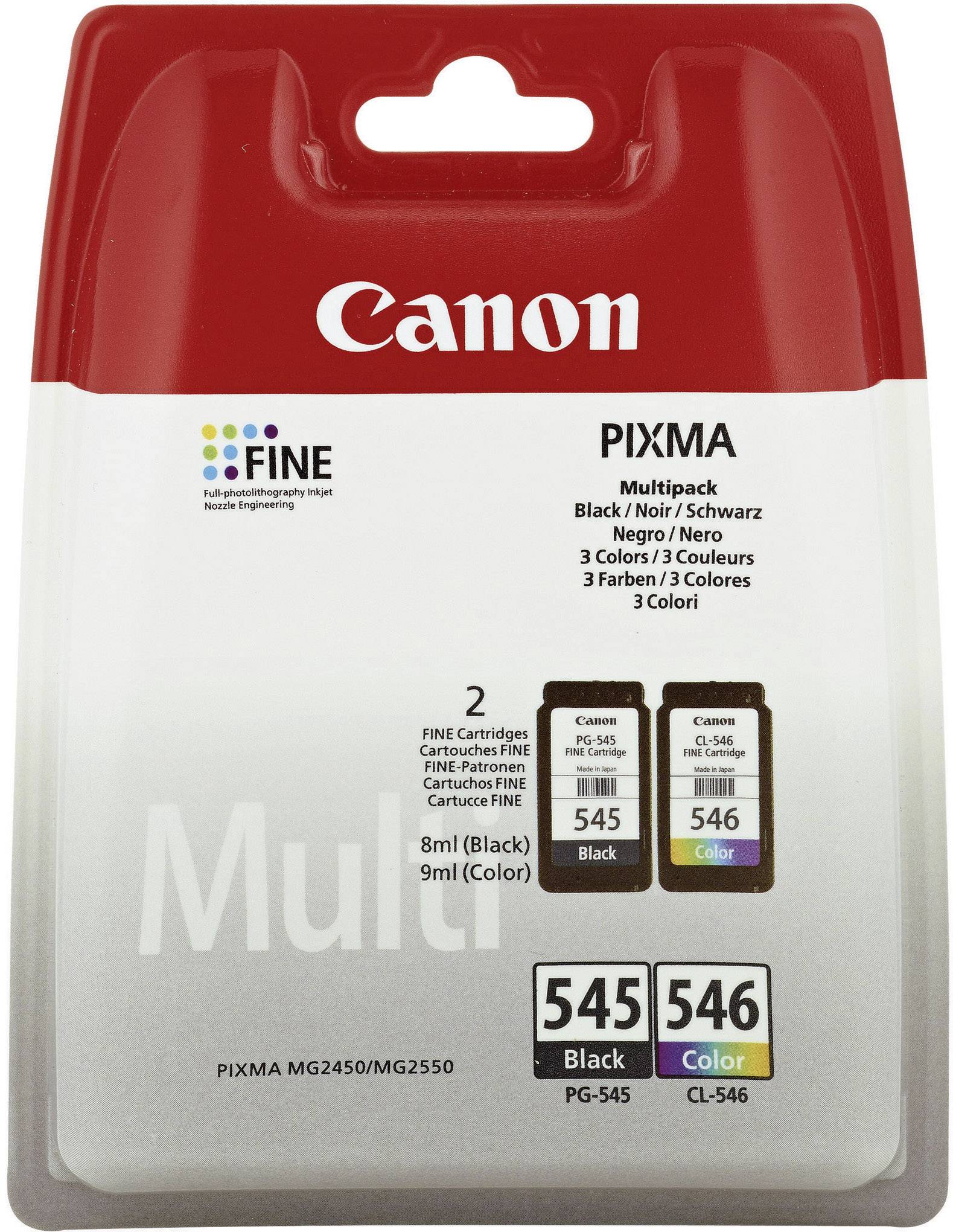 Cartucce di inchiostro Canon PIXMA Multipack, Nero (PG-545) e Colore (CL-546), compatibili con i modelli PIXMA MG2450/MG2550.