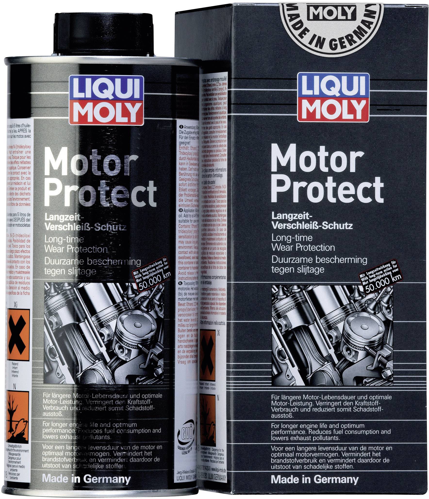 Due barattoli neri di 'Liqui Moly Motor Protect' con scritta 'Protezione antiusura a lungo termine'. Prodotto tedesco.