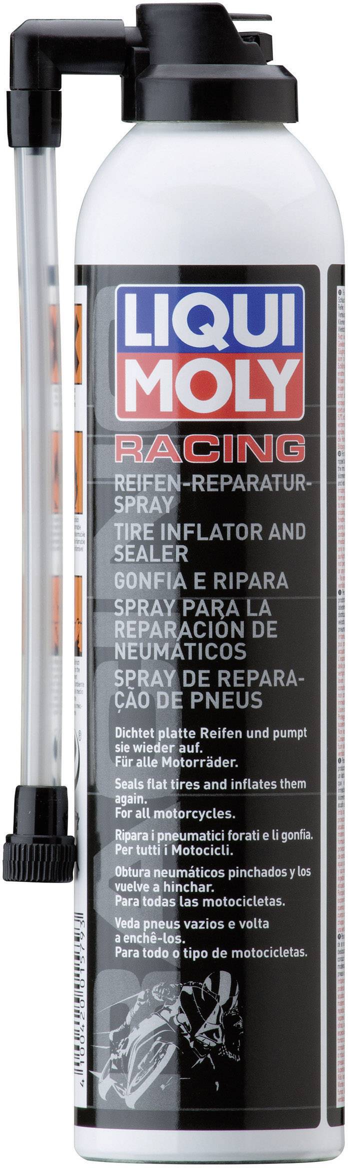 Flacone spray di 'Liqui Moly Racing' per la riparazione e il gonfiaggio dei pneumatici, adatto per motociclette.