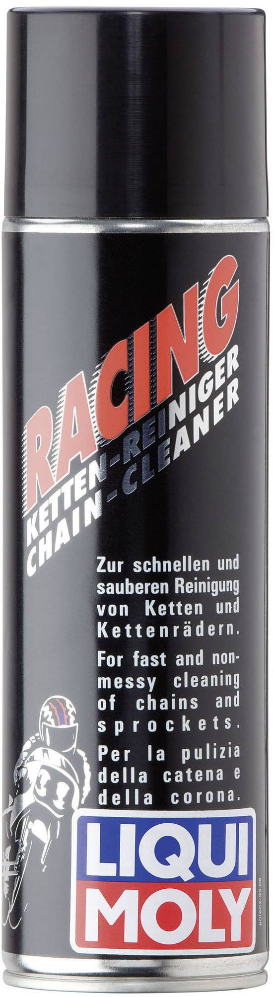 Bomboletta spray con la scritta 'Racing Ketten-Reiniger, Chain-Cleaner' di Liqui Moly, per una pulizia rapida di catene e ingranaggi.