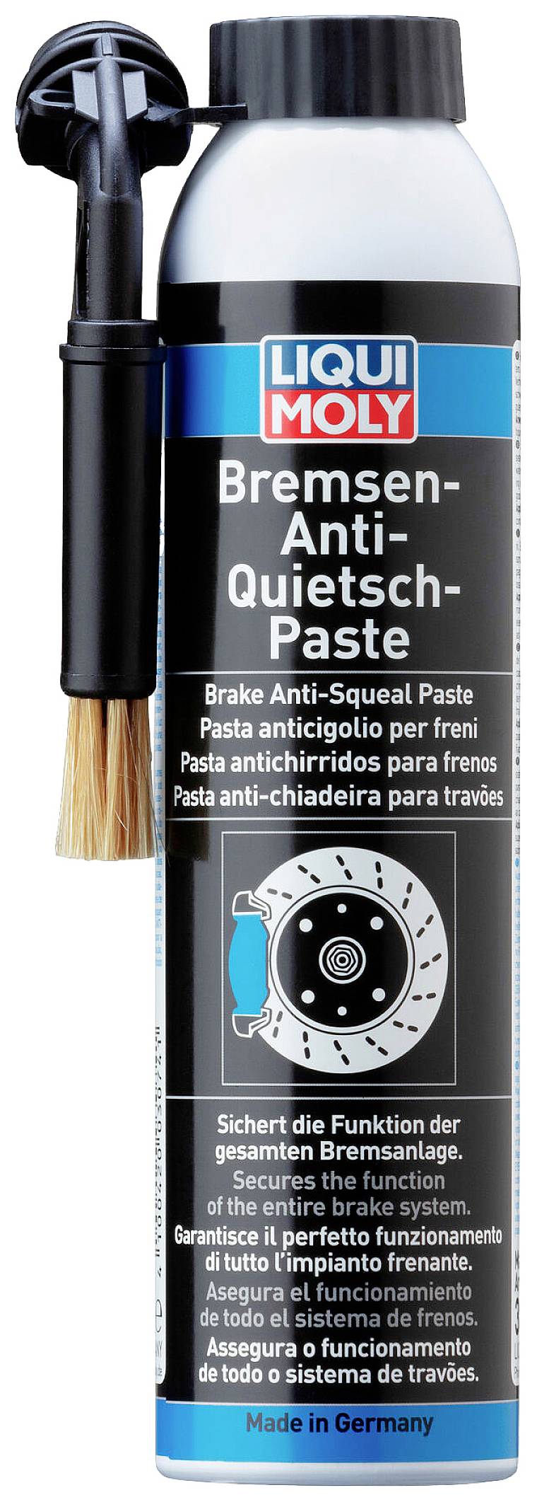 Bomboletta spray con ugello e pennello, su cui è indicata la 'Pasta Anti-Scricchiolio Freni' di Liqui Moly in diverse lingue. Prodotto in Germania.