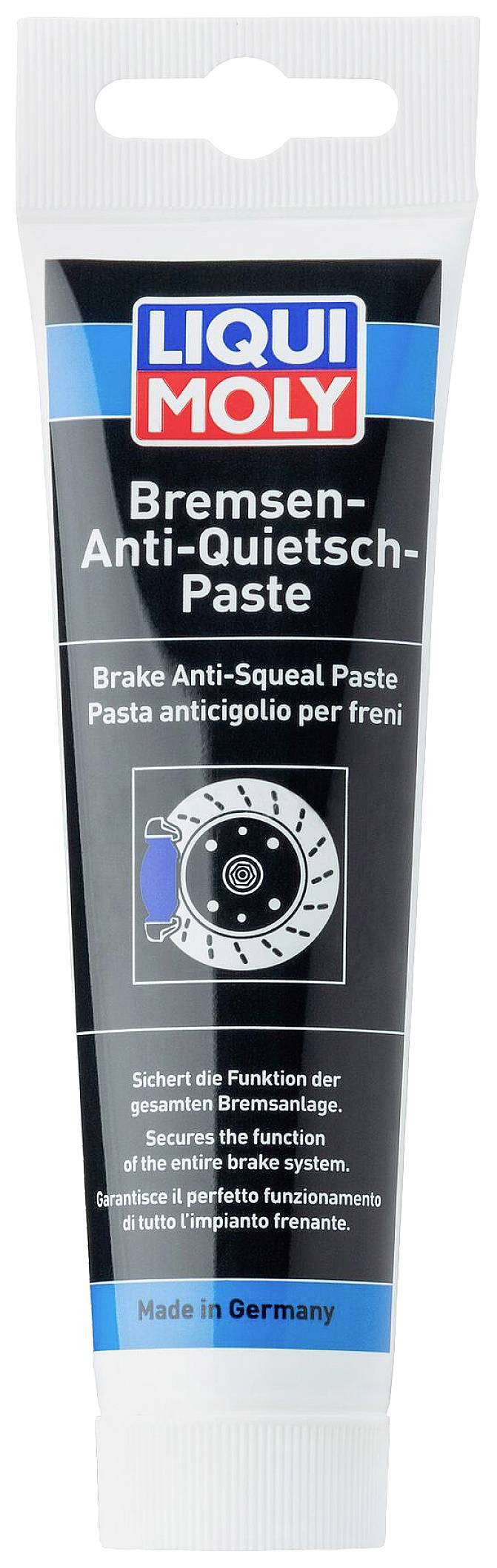 'Liqui Moly Pasta Antirumore per Freni' in un tubetto. Aiuta a ridurre i rumori dei freni. 'Made in Germany' è scritto in basso.