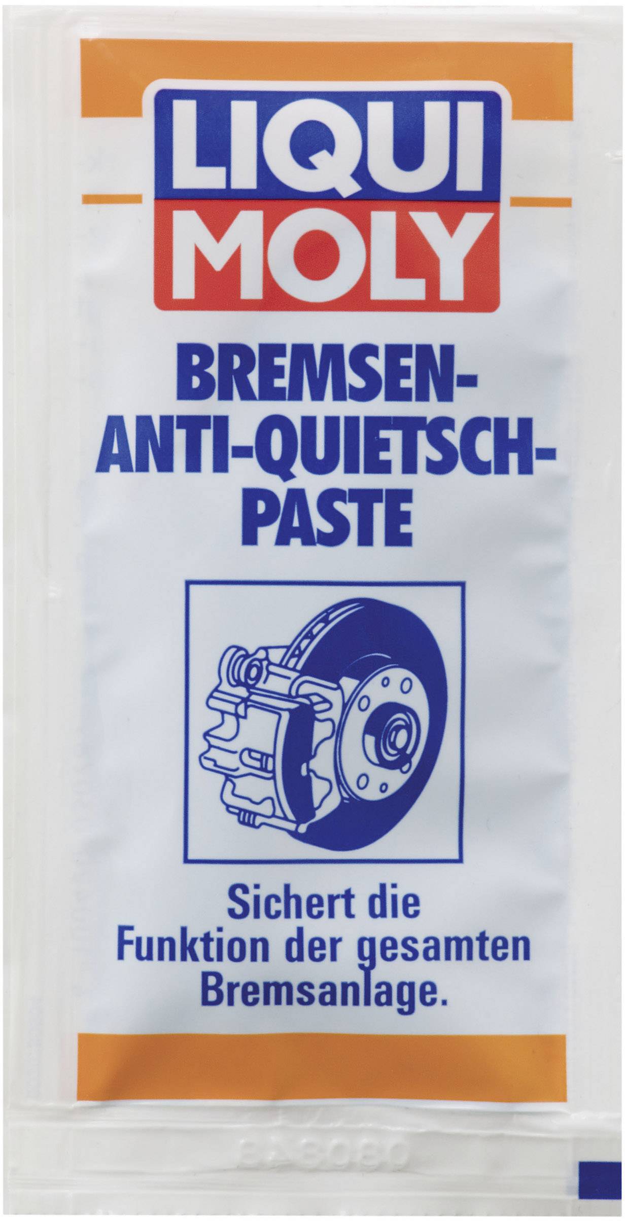 Imballaggio di una pasta anti-scricchiolio per freni di Liqui Moly. Testo: 'Assicura il funzionamento dell'intero impianto frenante' sopra un simbolo dei freni.