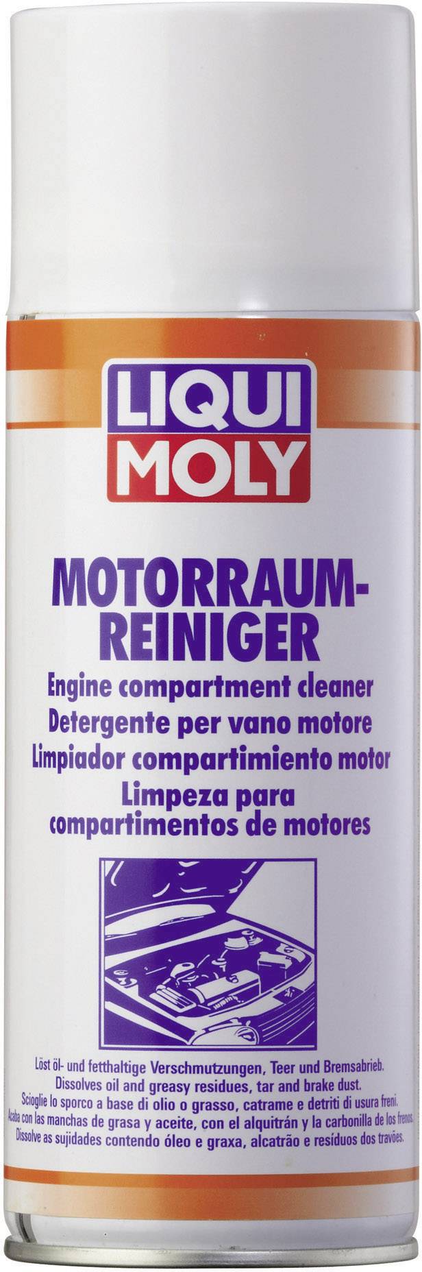 Una bomboletta spray Liqui Moly con la scritta 'Detergente per vano motore', per la pulizia delle aree del motore.