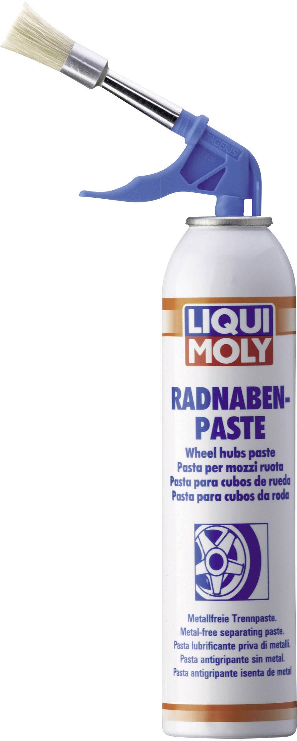 Pasta per mozzo ruote 'LIQUI MOLY' in una bomboletta spray con pennello applicatore blu. Pasta separante priva di metalli per la lubrificazione dei mozzi ruota.