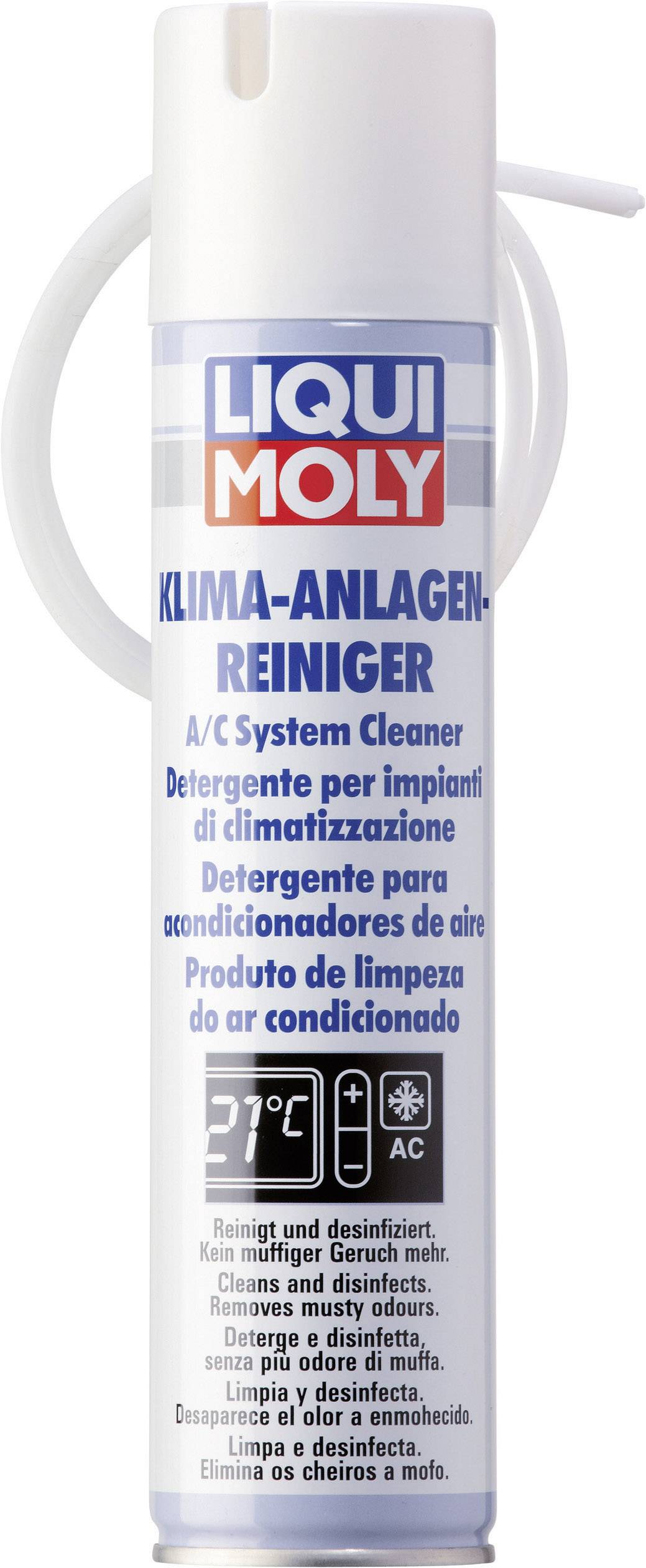 Bombola spray Liqui Moly con la scritta 'Detergente per Impianti di Condizionamento'. Per la pulizia e la disinfezione degli impianti di climatizzazione.