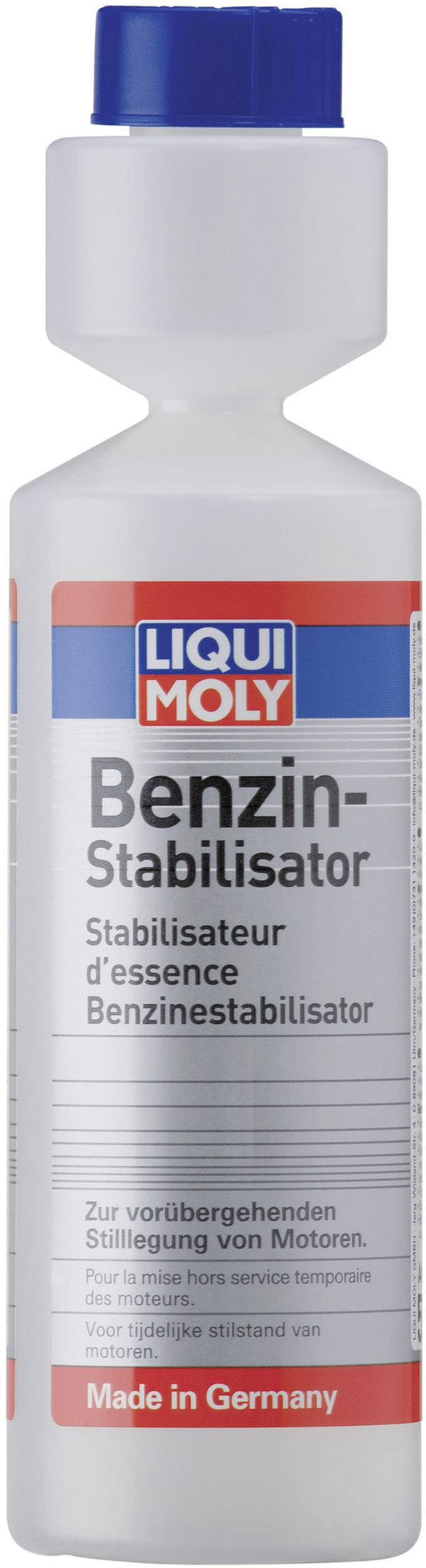 Flacone Liqui Moly Stabilizzatore di Benzina. Testo: 'Per il fermo temporaneo dei motori'. Made in Germany.