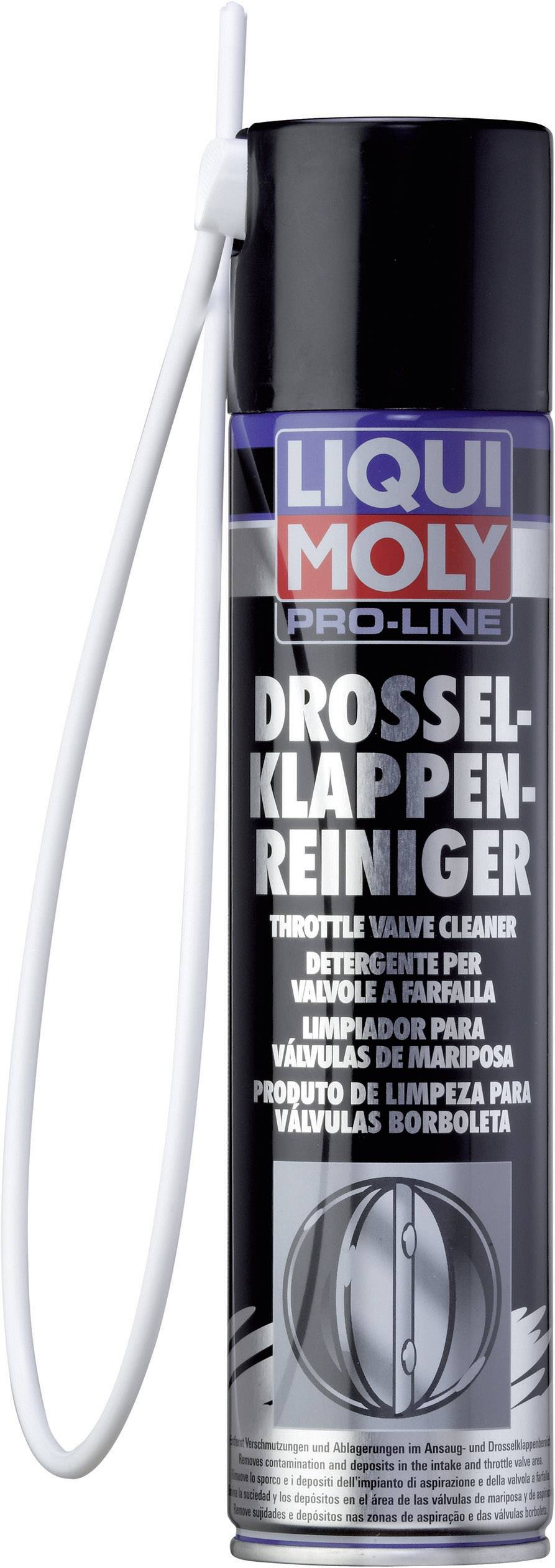 Una bomboletta spray nera con la scritta 'Detergente per valvole a farfalla' di Liqui Moly. Principalmente utilizzato per la pulizia delle valvole a farfalla.
