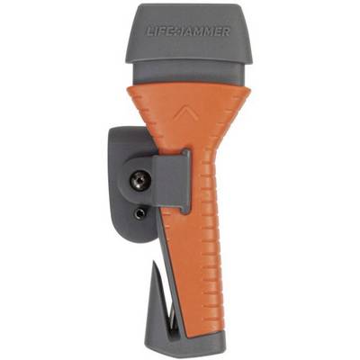 Martello di emergenza con manico arancione e supporto grigio, utilizzato per rompere i finestrini delle auto in situazioni di emergenza.
