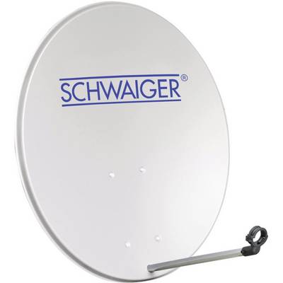Parabola satellitare con logo 'SCHWAIGER' in blu. Sfondo bianco, braccio di fissaggio nella parte inferiore.