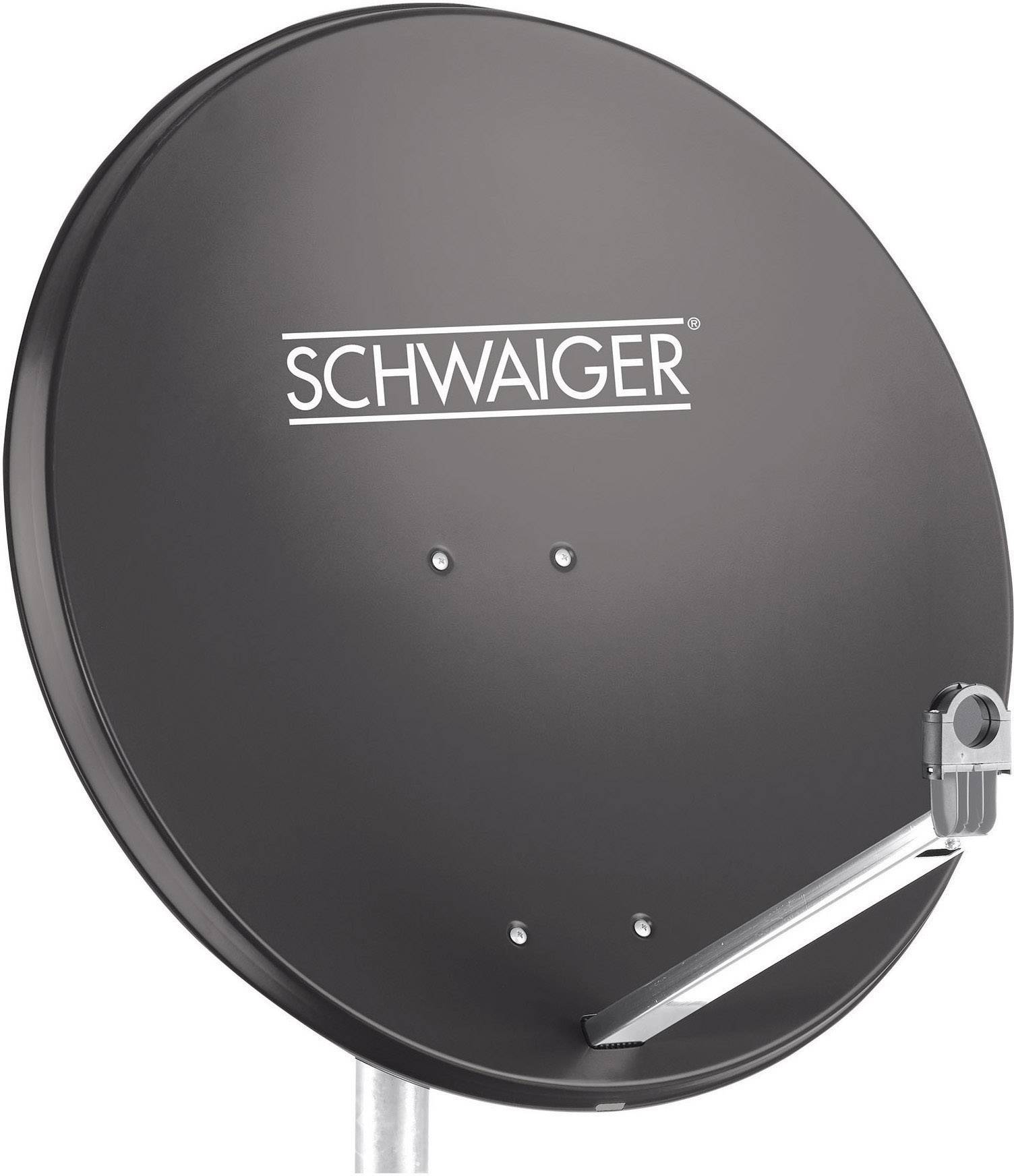 Una parabola satellitare nera con il logo bianco 'SCHWAIGER' al centro, montata su un braccio metallico.