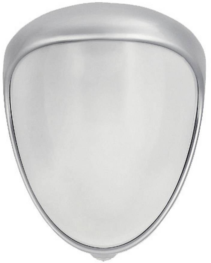 Un orinatoio metallico dalla forma liscia e semicircolare. Ha un design semplice e moderno con una superficie lucida.