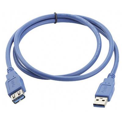 Un cavo di prolunga USB 3.0 blu con spina USB-A e presa USB-A, che mostra la compatibilità con trasmissioni ad alta velocità.
