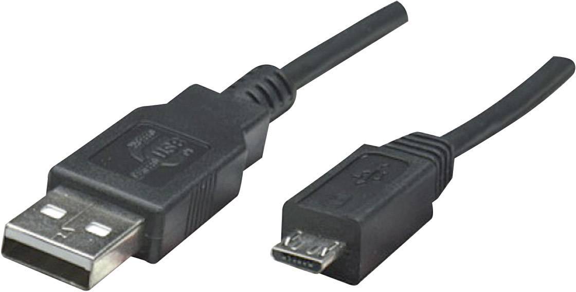Un cavo nero da USB a Micro-USB su sfondo bianco. A sinistra il connettore USB, a destra il connettore Micro-USB.